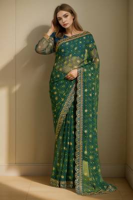 Petrol green printed lace emroidered georgette saree 1