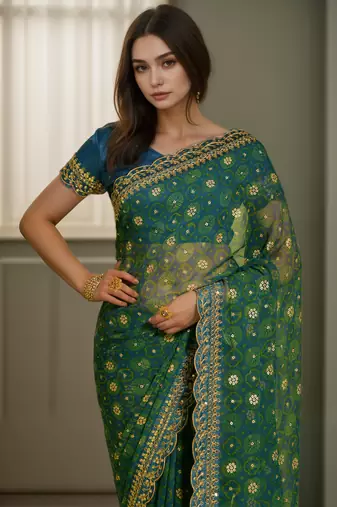 Petrol green printed lace emroidered georgette saree