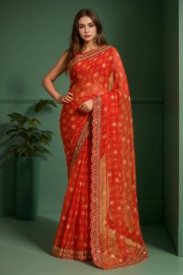 Red printed lace emroidered georgette saree 1