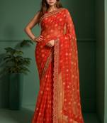 Red printed lace emroidered georgette saree
