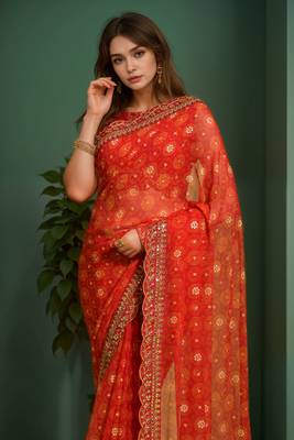 Red printed lace emroidered georgette saree 2