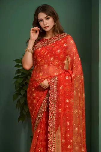 Red printed lace emroidered georgette saree