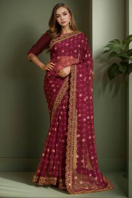 Wine printed lace emroidered georgette saree 1