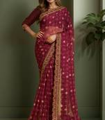 Wine printed lace emroidered georgette saree