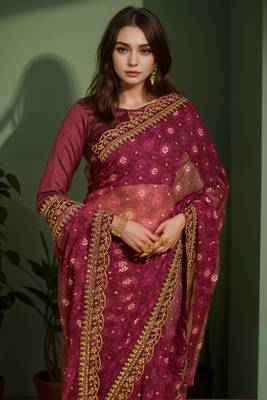 Wine printed lace emroidered georgette saree 2