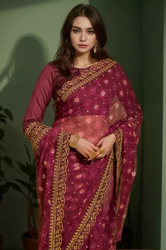 Wine printed lace emroidered georgette saree