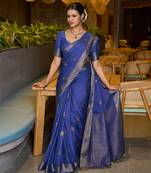 Blue chinon woven partywear saree