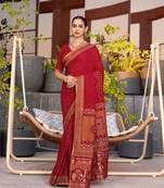 Maroon cotton silk woven  table and foil printed saree