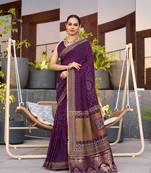 Violet cotton silk woven  table and foil printed saree