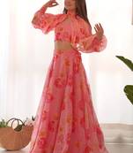 Pink Floral Organza Lehenga Set with Tube Top and Bishop Sleeves Cape