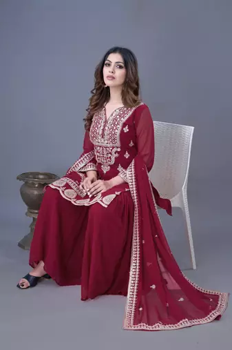 Maroon embroidered georgette readymade suit