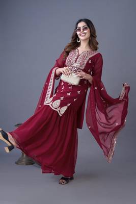 Maroon embroidered georgette readymade suit 3