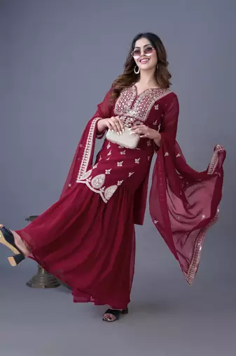 Maroon embroidered georgette readymade suit