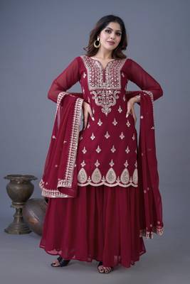 Maroon embroidered georgette readymade suit 1