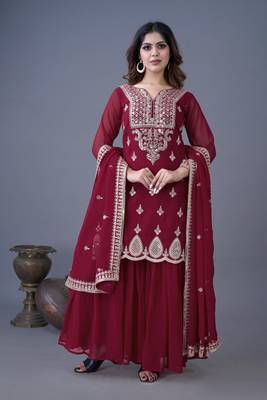 Maroon embroidered georgette readymade suit 4
