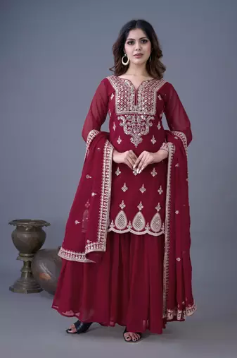Maroon embroidered georgette readymade suit