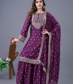 Wine sequins silk blend readymade suit