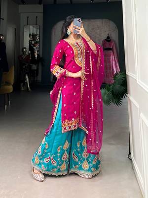 Pink thread embroidery silk blend readymade suit 1