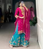 Pink thread embroidery silk blend readymade suit