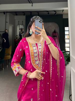 Pink thread embroidery silk blend readymade suit 2