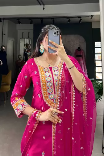 Pink thread embroidery silk blend readymade suit