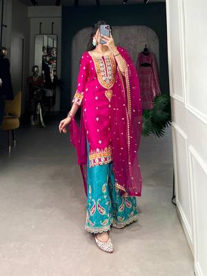 Pink thread embroidery silk blend readymade suit 3
