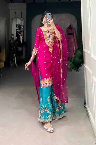 Pink thread embroidery silk blend readymade suit