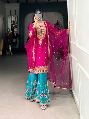 Pink thread embroidery silk blend readymade suit 4