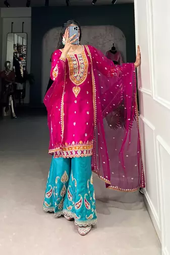 Pink thread embroidery silk blend readymade suit