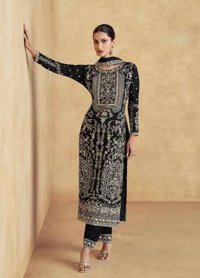 Black embroidered silk blend readymade suit 1