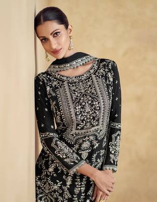Black embroidered silk blend readymade suit 2