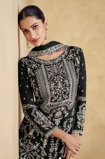 Black embroidered silk blend readymade suit