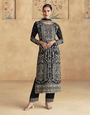 Black embroidered silk blend readymade suit 3