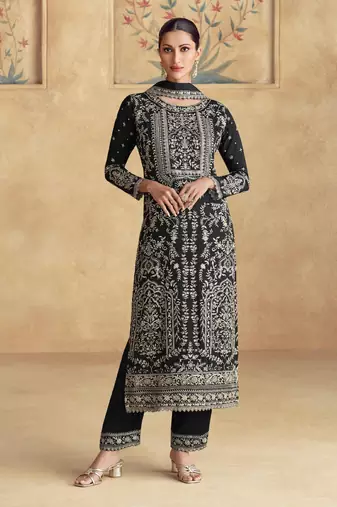 Black embroidered silk blend readymade suit