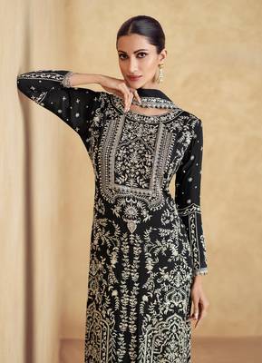 Black embroidered silk blend readymade suit 4