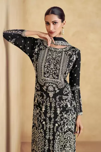 Black embroidered silk blend readymade suit