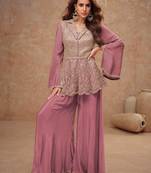 Onion pink embroidered silk blend readymade suit