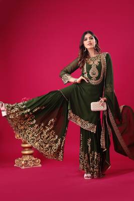 Green sequins faux georgette readymade suit 2