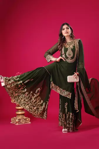 Green sequins faux georgette readymade suit