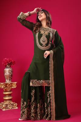 Green sequins faux georgette readymade suit 4