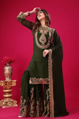 Green sequins faux georgette readymade suit