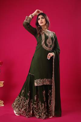 Green sequins faux georgette readymade suit 1