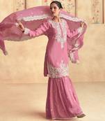 Onion pink embroidered silk blend readymade suit