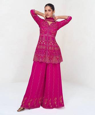 Pink embroidered silk blend readymade suit 1