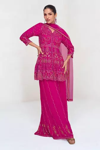 Pink embroidered silk blend readymade suit