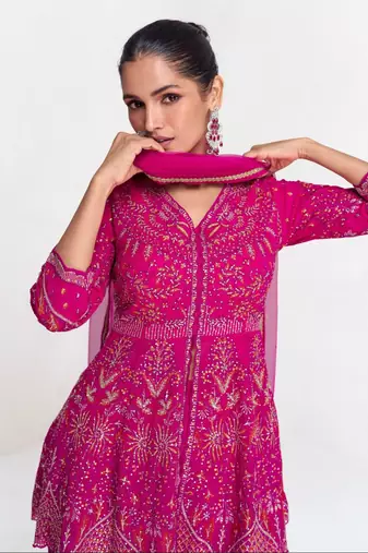 Pink embroidered silk blend readymade suit