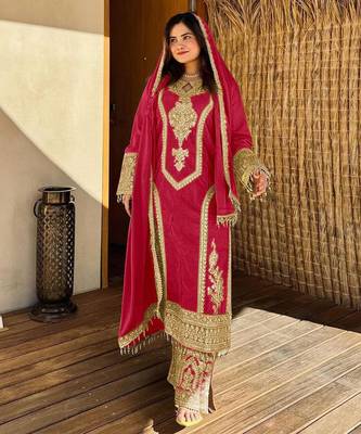 Red embroidered silk blend readymade suit 1