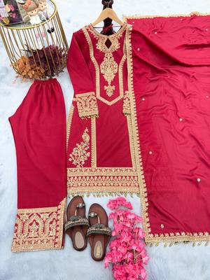 Red embroidered silk blend readymade suit 2