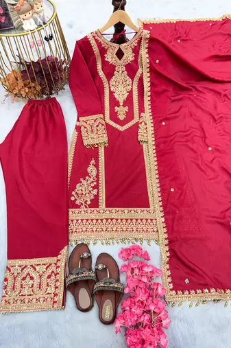 Red embroidered silk blend readymade suit