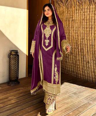 Wine embroidered silk blend readymade suit 2